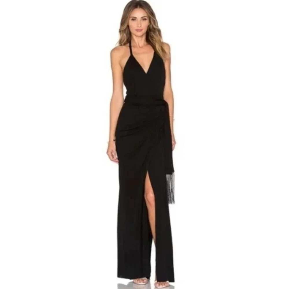 L'Agence Sabrina Halter Dress Size 4 Black Fringe Tie Front Slit Maxi Dress